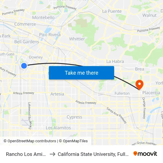 Rancho Los Amigos to California State University, Fullerton map