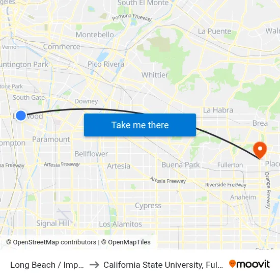 Long Beach / Imperial to California State University, Fullerton map