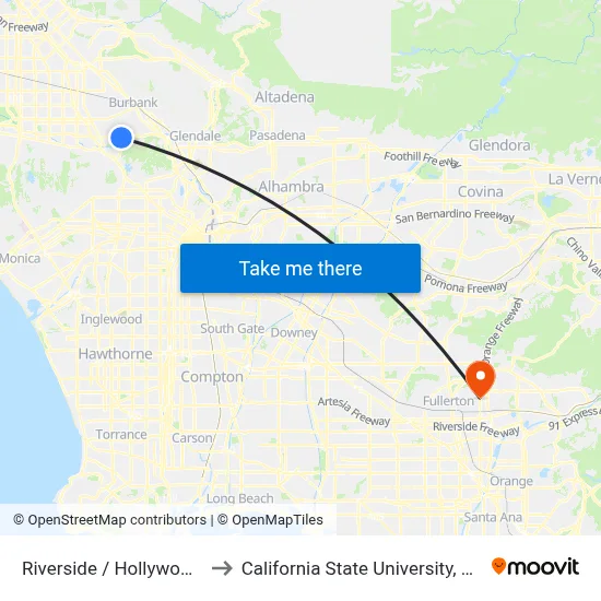 Riverside / Hollywood Way to California State University, Fullerton map