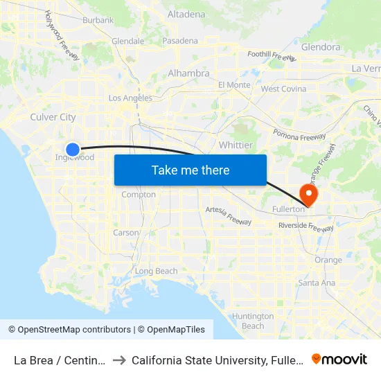 La Brea / Centinela to California State University, Fullerton map