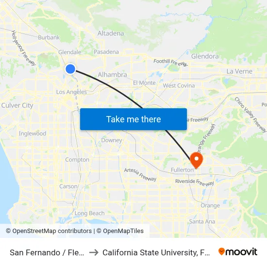 San Fernando / Fletcher to California State University, Fullerton map