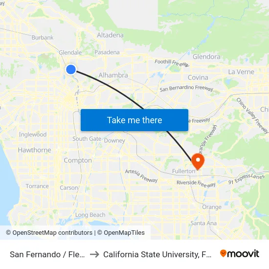 San Fernando / Fletcher to California State University, Fullerton map