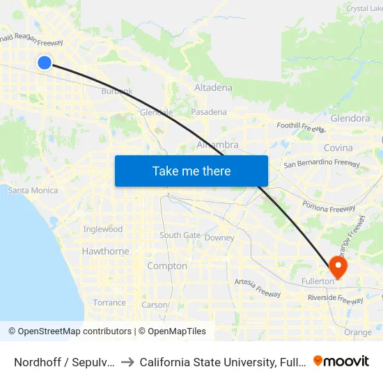 Nordhoff / Sepulveda to California State University, Fullerton map