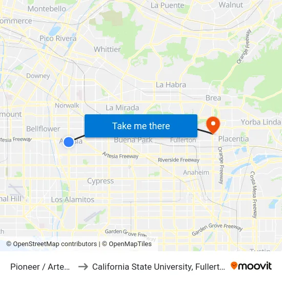 Pioneer / Artesia to California State University, Fullerton map
