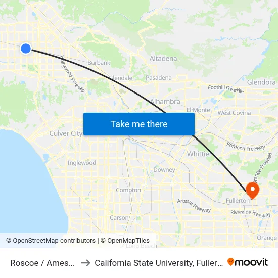 Roscoe / Amestoy to California State University, Fullerton map
