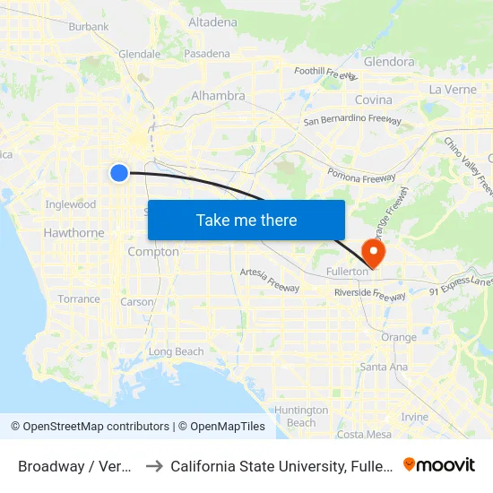 Broadway / Vernon to California State University, Fullerton map
