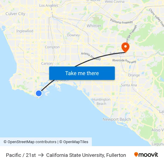 Pacific / 21st to California State University, Fullerton map
