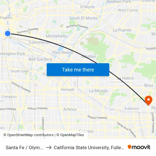 Santa Fe / Olympic to California State University, Fullerton map