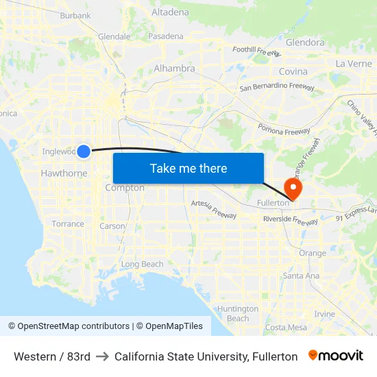 Western / 83rd to California State University, Fullerton map