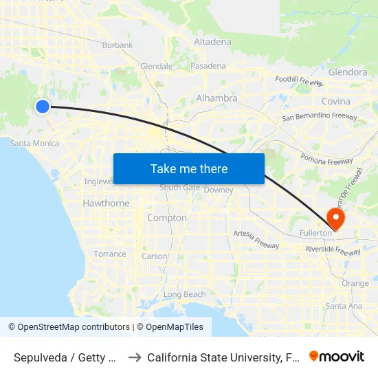 Sepulveda / Getty Center to California State University, Fullerton map