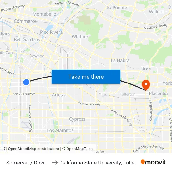 Somerset / Downey to California State University, Fullerton map