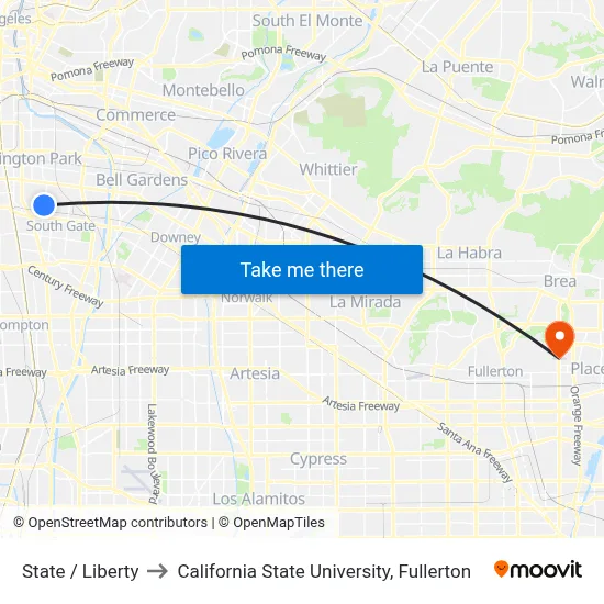 State / Liberty to California State University, Fullerton map