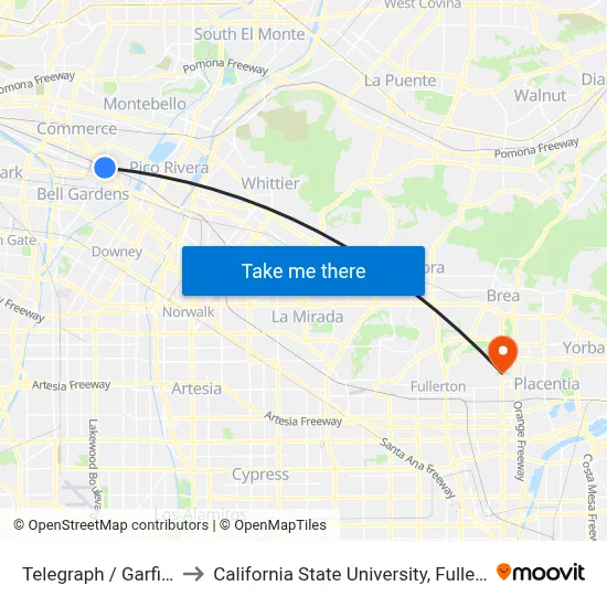 Telegraph / Garfield to California State University, Fullerton map