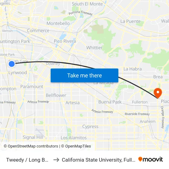 Tweedy / Long Beach to California State University, Fullerton map