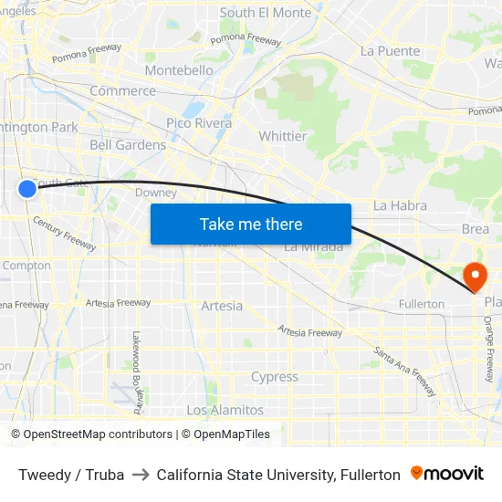 Tweedy / Truba to California State University, Fullerton map