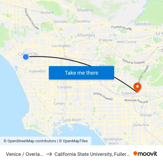 Venice / Overland to California State University, Fullerton map