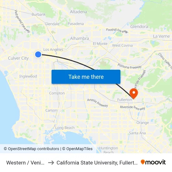 Western / Venice to California State University, Fullerton map