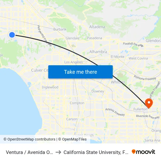 Ventura / Avenida Oriente to California State University, Fullerton map