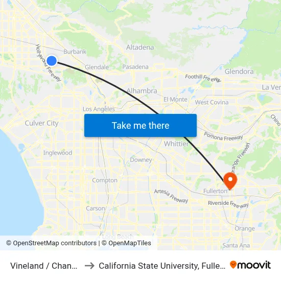 Vineland / Chandler to California State University, Fullerton map