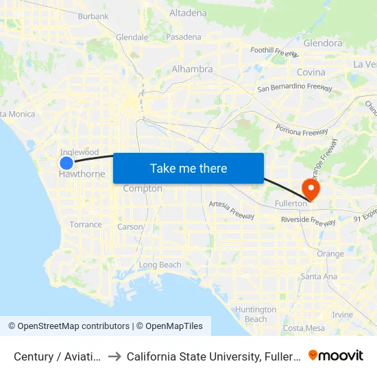 Century / Aviation to California State University, Fullerton map