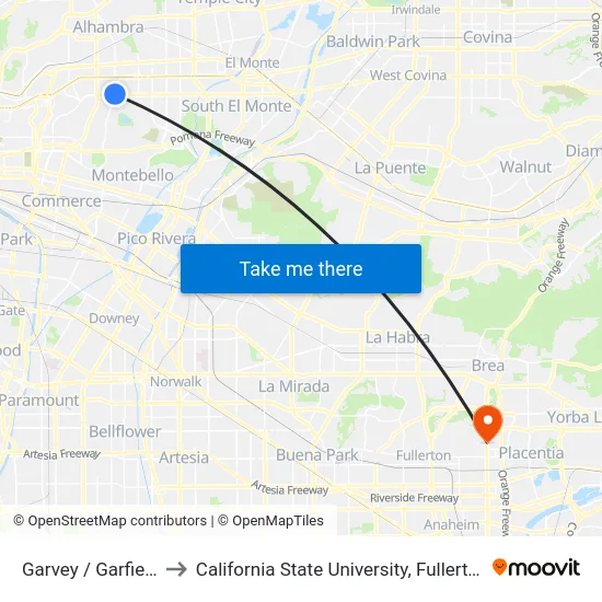 Garvey / Garfield to California State University, Fullerton map