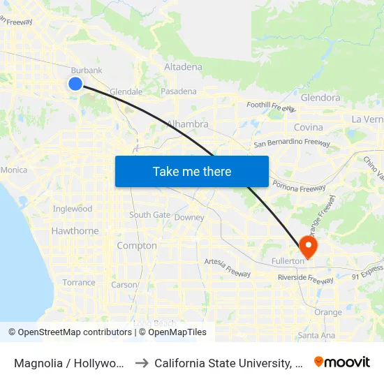 Magnolia / Hollywood Way to California State University, Fullerton map