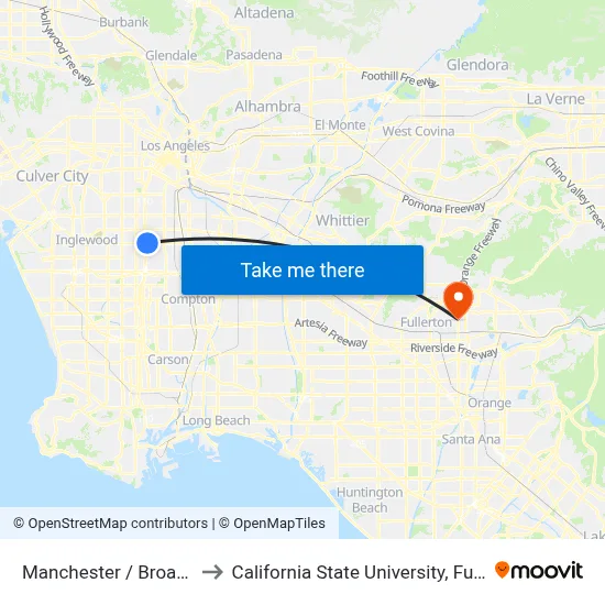 Manchester / Broadway to California State University, Fullerton map