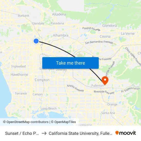 Sunset / Echo Park to California State University, Fullerton map