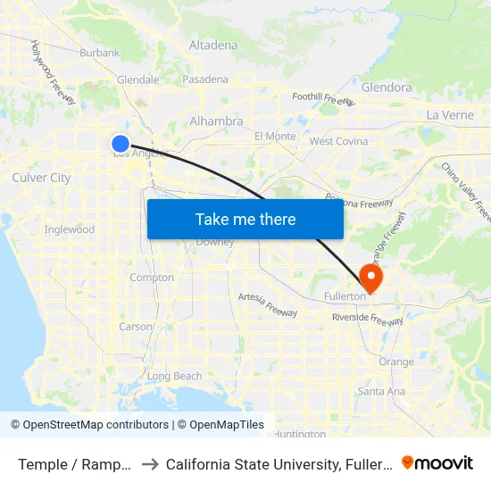 Temple / Rampart to California State University, Fullerton map
