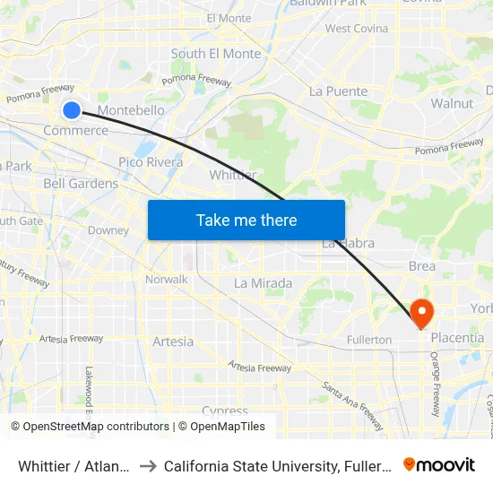 Whittier / Atlantic to California State University, Fullerton map