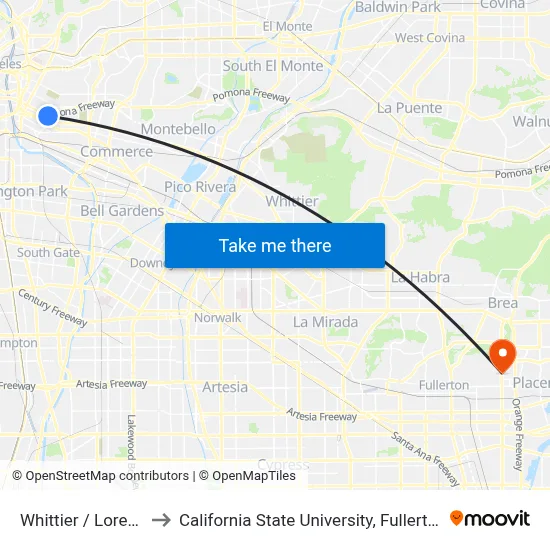 Whittier / Lorena to California State University, Fullerton map