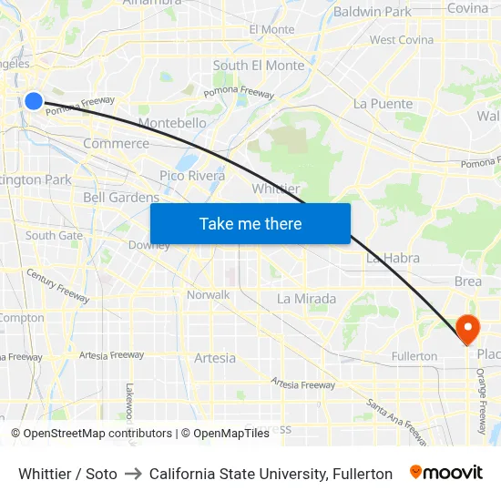 Whittier / Soto to California State University, Fullerton map