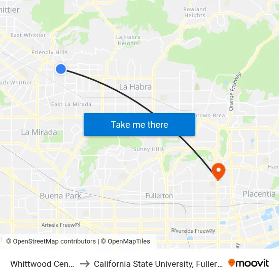 Whittwood Center to California State University, Fullerton map