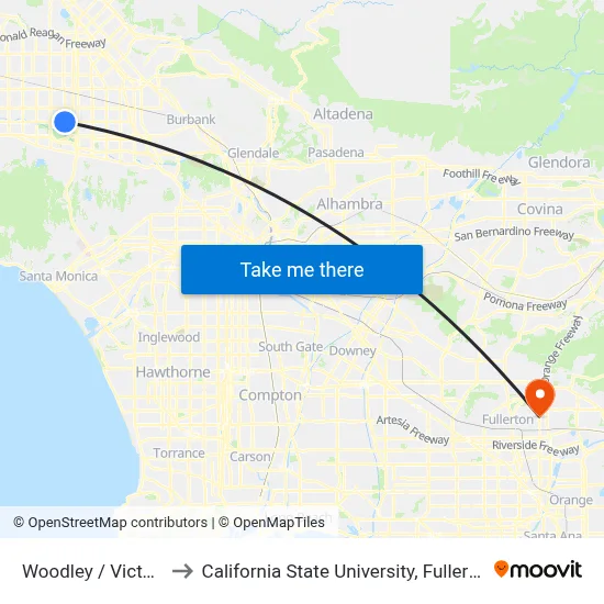 Woodley / Victory to California State University, Fullerton map