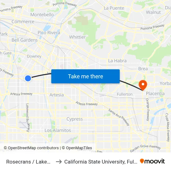 Rosecrans / Lakewood to California State University, Fullerton map