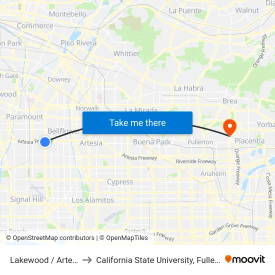 Lakewood / Artesia to California State University, Fullerton map