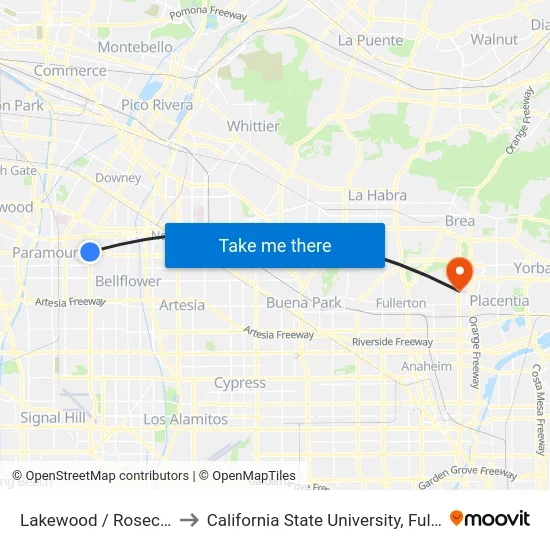 Lakewood / Rosecrans to California State University, Fullerton map