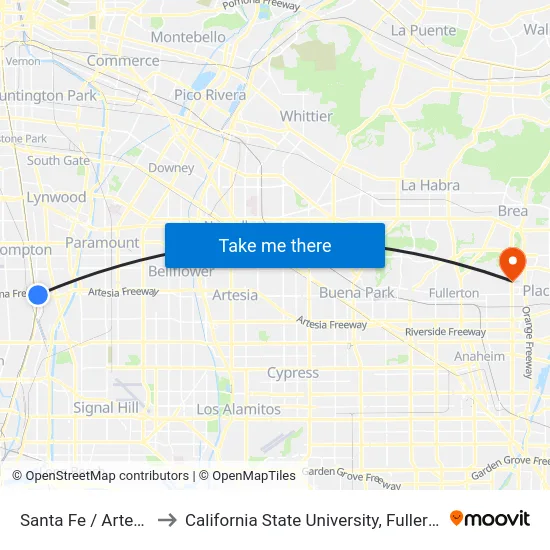 Santa Fe / Artesia to California State University, Fullerton map