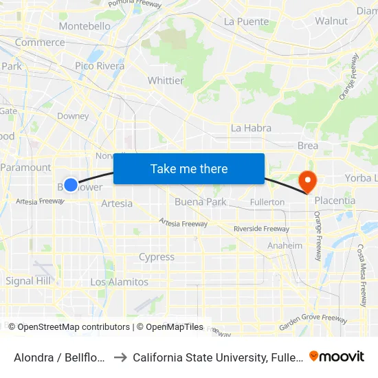 Alondra / Bellflower to California State University, Fullerton map