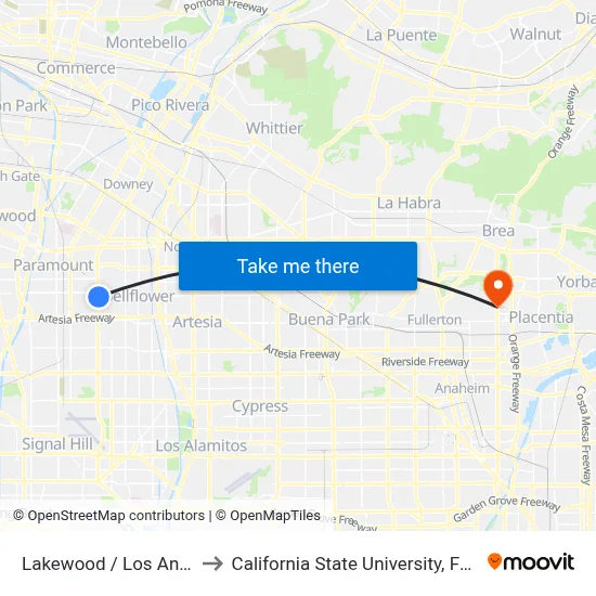Lakewood / Los Angeles to California State University, Fullerton map