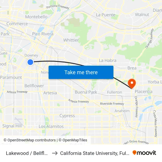 Lakewood / Bellflower to California State University, Fullerton map