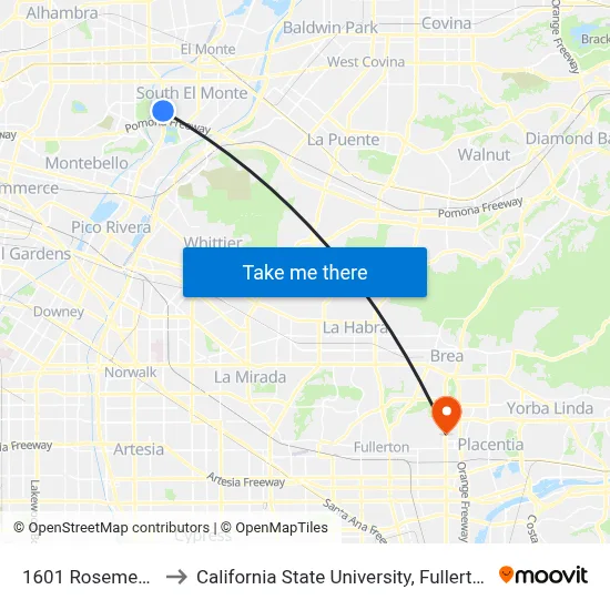 1601 Rosemead to California State University, Fullerton map