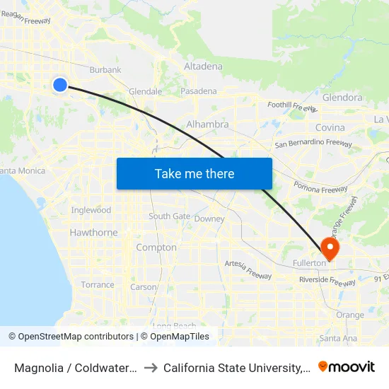 Magnolia / Coldwater Canyon to California State University, Fullerton map