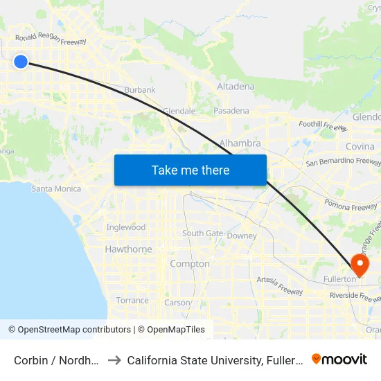 Corbin / Nordhoff to California State University, Fullerton map