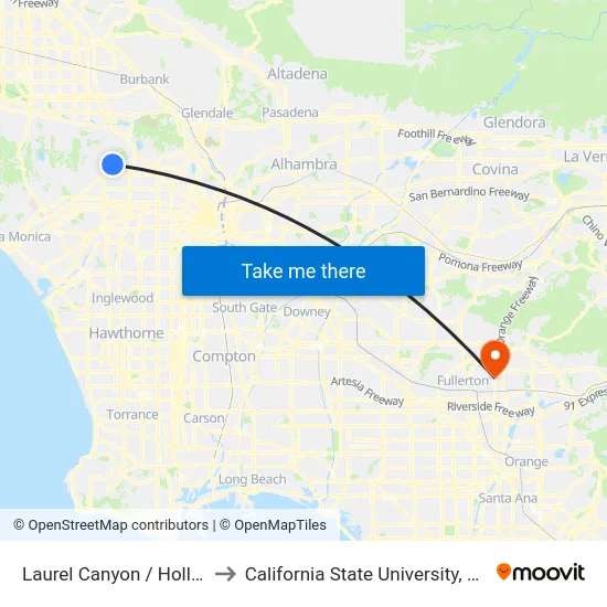 Laurel Canyon / Hollywood to California State University, Fullerton map