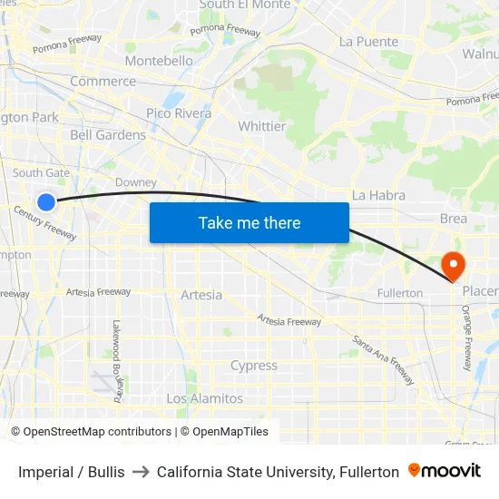 Imperial / Bullis to California State University, Fullerton map