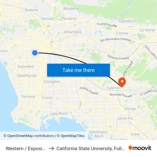 Western / Exposition to California State University, Fullerton map