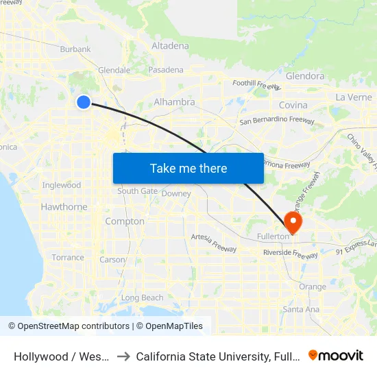 Hollywood / Western to California State University, Fullerton map