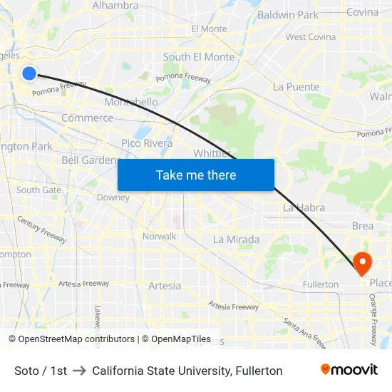 Soto / 1st to California State University, Fullerton map