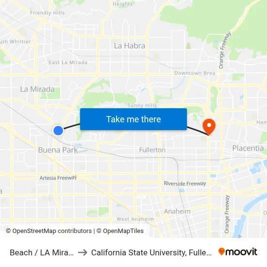 Beach / La Mirada to California State University, Fullerton map